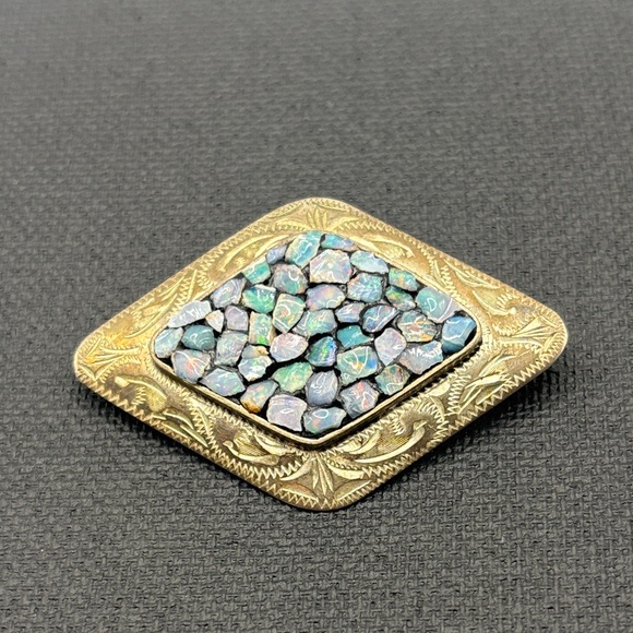 Scandia Jewelry - VTG Scandia Mosaic Raw Opal Diamond Shaped Brooch John Eisen Australia Silver